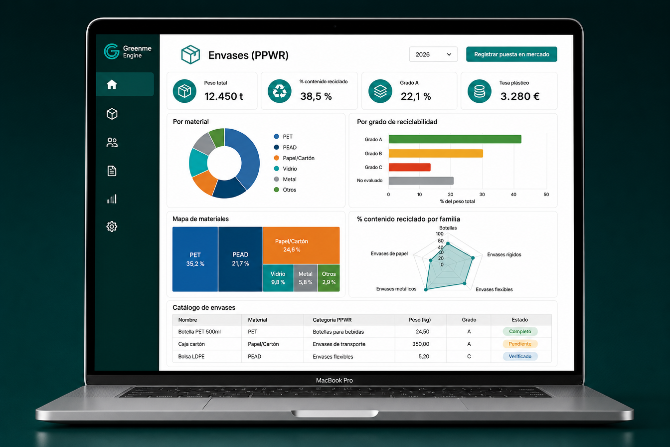 Greenme Engine: dashboard del software de cumplimiento PPWR en un portátil